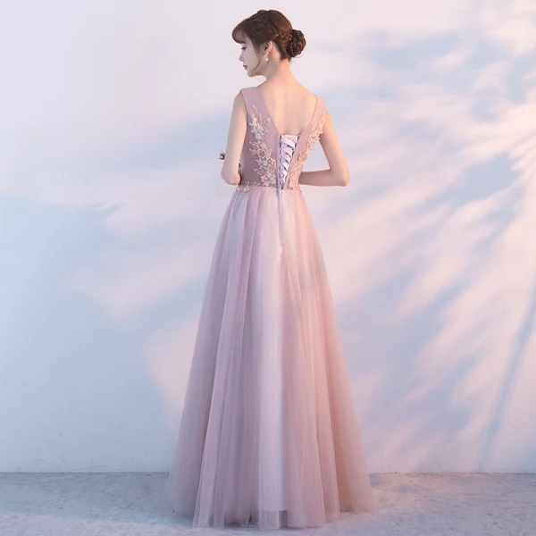 Elegant Pearl Pink Evening Dresses 2017 A-Line / Princess V-Neck Sleeveless Appliques Flower Floor-Length / Long Ruffle Backless Formal Dresses