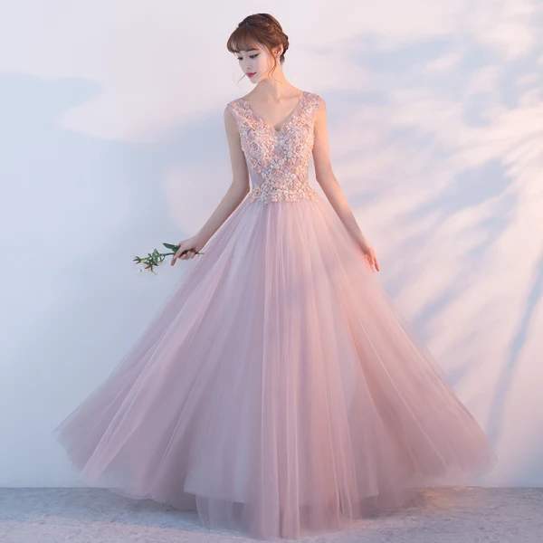 Elegant Pearl Pink Evening Dresses 2017 A-Line / Princess V-Neck Sleeveless Appliques Flower Floor-Length / Long Ruffle Backless Formal Dresses
