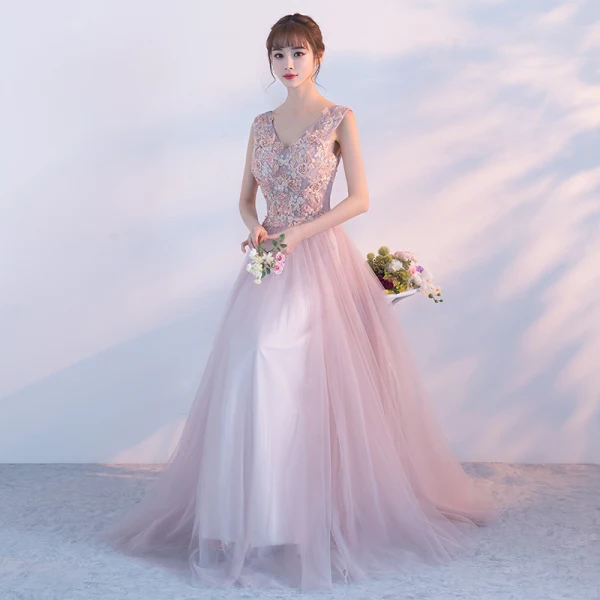 Elegant Pearl Pink Evening Dresses 2017 A-Line / Princess V-Neck Sleeveless Appliques Flower Floor-Length / Long Ruffle Backless Formal Dresses