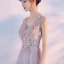 Elegant Pearl Pink Evening Dresses  2017 A-Line / Princess V-Neck Sleeveless Appliques Flower Floor-Length / Long Ruffle Backless Formal Dresses