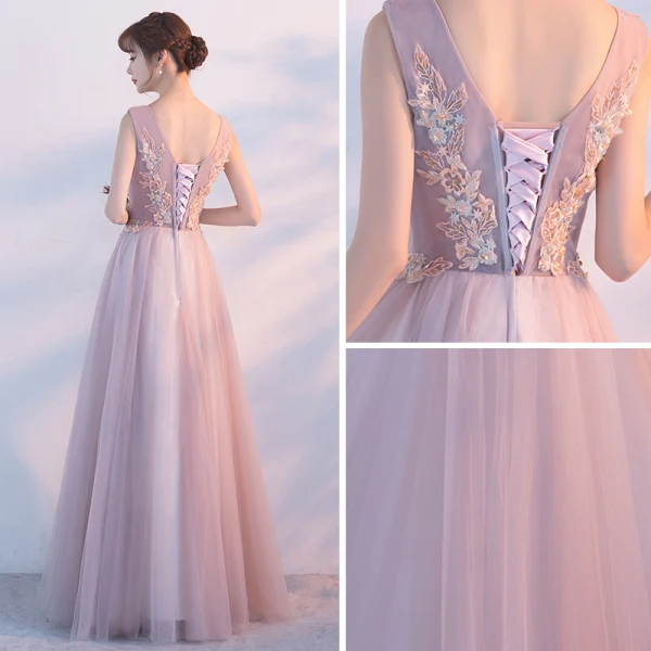 Elegant Pearl Pink Evening Dresses 2017 A-Line / Princess V-Neck Sleeveless Appliques Flower Floor-Length / Long Ruffle Backless Formal Dresses