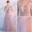 Elegant Pearl Pink Evening Dresses  2017 A-Line / Princess V-Neck Sleeveless Appliques Flower Floor-Length / Long Ruffle Backless Formal Dresses