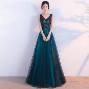 Chic Belle Vert Foncé Robe De Soirée 2017 Princesse V Cou Sans Manches Appliques En Dentelle Perle Noeud Ceinture Longue Volants Dos Nu Robe De Ceremonie