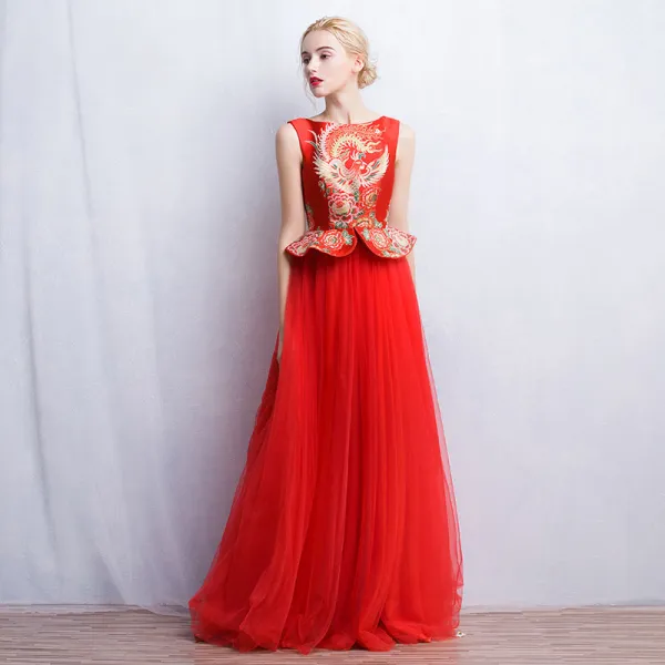 Chiński Styl Czerwone Sukienki Wieczorowe 2017 Princessa Kwadratowy Dekolt Bez Rękawów Druk Długie Wzburzyć Sukienki Wizytowe