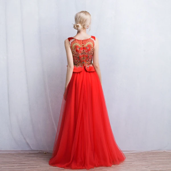 Chinese style Red Evening Dresses 2017 A-Line / Princess Square Neckline Sleeveless Printing Floor-Length / Long Ruffle Formal Dresses