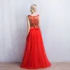 Chinese style Red Evening Dresses  2017 A-Line / Princess Square Neckline Sleeveless Printing Floor-Length / Long Ruffle Formal Dresses
