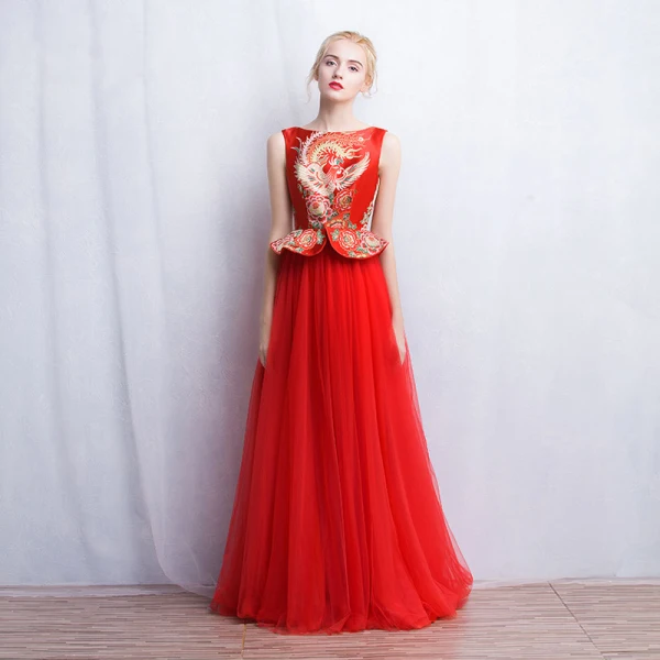 Chinese style Red Evening Dresses 2017 A-Line / Princess Square Neckline Sleeveless Printing Floor-Length / Long Ruffle Formal Dresses
