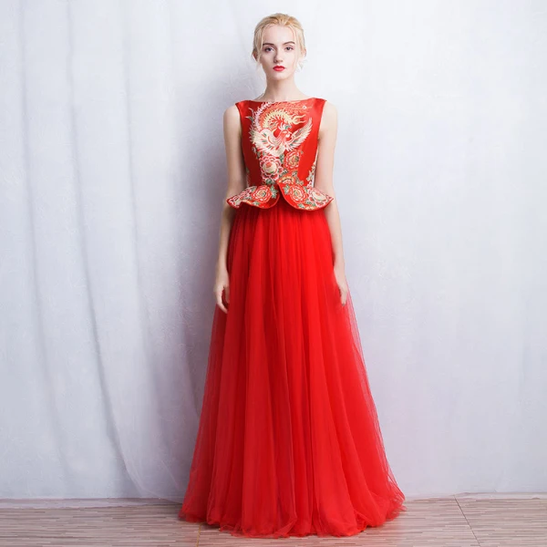 Chinese style Red Evening Dresses 2017 A-Line / Princess Square Neckline Sleeveless Printing Floor-Length / Long Ruffle Formal Dresses
