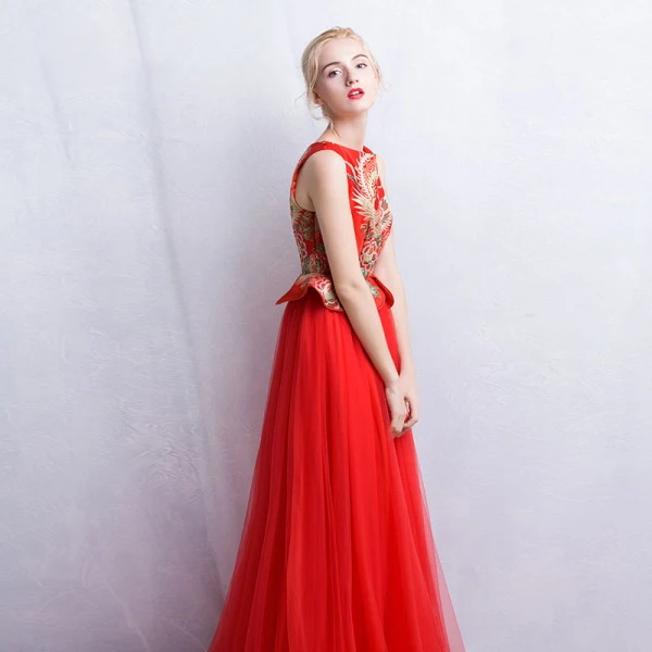 Chinese style Red Evening Dresses 2017 A-Line / Princess Square Neckline Sleeveless Printing Floor-Length / Long Ruffle Formal Dresses