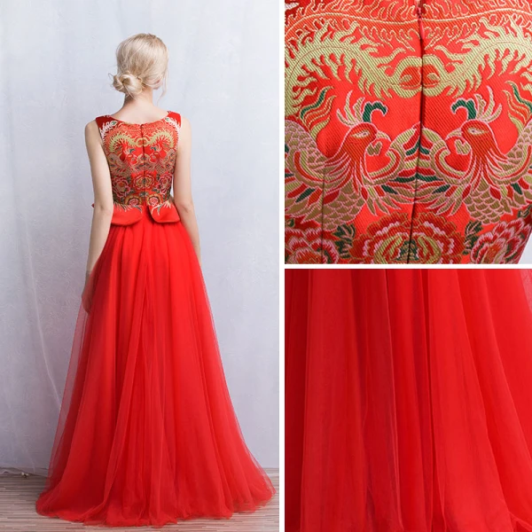 Chinese style Red Evening Dresses 2017 A-Line / Princess Square Neckline Sleeveless Printing Floor-Length / Long Ruffle Formal Dresses