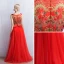 Chinese style Red Evening Dresses  2017 A-Line / Princess Square Neckline Sleeveless Printing Floor-Length / Long Ruffle Formal Dresses