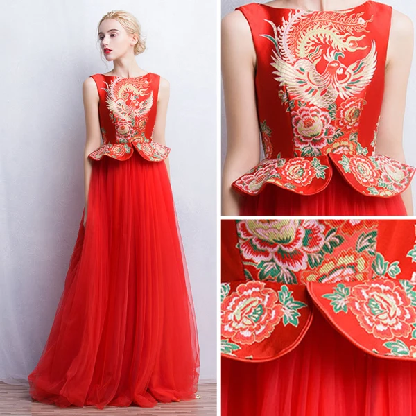 Chinese style Red Evening Dresses 2017 A-Line / Princess Square Neckline Sleeveless Printing Floor-Length / Long Ruffle Formal Dresses