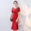 Chic / Beautiful Red Party Dresses 2017 Trumpet / Mermaid Scoop Neck Short Sleeve Rhinestone Tea-length Ruffle Pierced Backless Formal Dresses