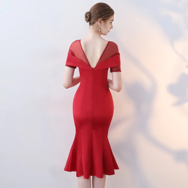 Chic / Beautiful Red Party Dresses 2017 Trumpet / Mermaid Scoop Neck Short Sleeve Rhinestone Tea-length Ruffle Pierced Backless Formal Dresses