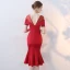 Chic / Beautiful Red Party Dresses 2017 Trumpet / Mermaid Scoop Neck Short Sleeve Rhinestone Tea-length Ruffle Pierced Backless Formal Dresses