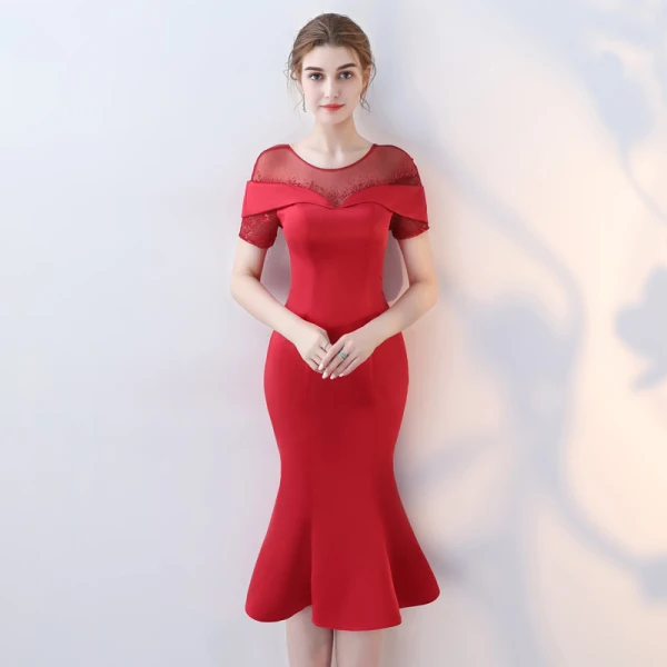 Chic / Beautiful Red Party Dresses 2017 Trumpet / Mermaid Scoop Neck Short Sleeve Rhinestone Tea-length Ruffle Pierced Backless Formal Dresses