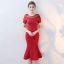 Chic / Beautiful Red Party Dresses 2017 Trumpet / Mermaid Scoop Neck Short Sleeve Rhinestone Tea-length Ruffle Pierced Backless Formal Dresses