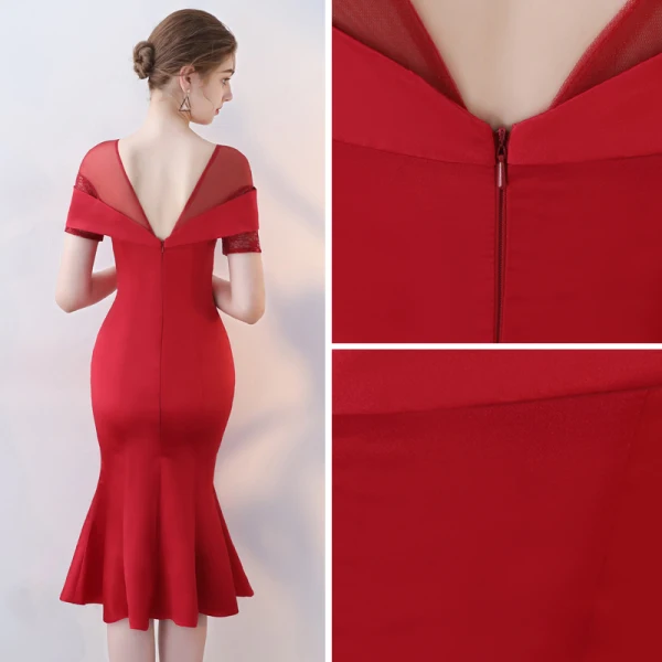 Chic / Beautiful Red Party Dresses 2017 Trumpet / Mermaid Scoop Neck Short Sleeve Rhinestone Tea-length Ruffle Pierced Backless Formal Dresses