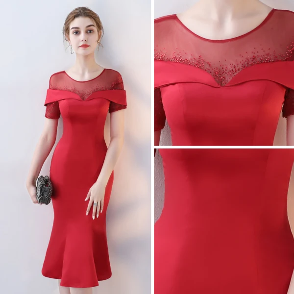 Chic / Beautiful Red Party Dresses 2017 Trumpet / Mermaid Scoop Neck Short Sleeve Rhinestone Tea-length Ruffle Pierced Backless Formal Dresses