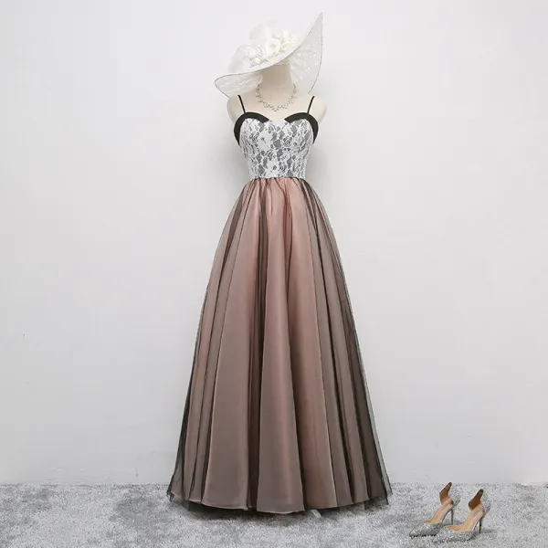 Chic / Beautiful Black Pearl Pink Prom Dresses 2017 A-Line / Princess Spaghetti Straps Sleeveless Floor-Length / Long Ruffle Backless Formal Dresses