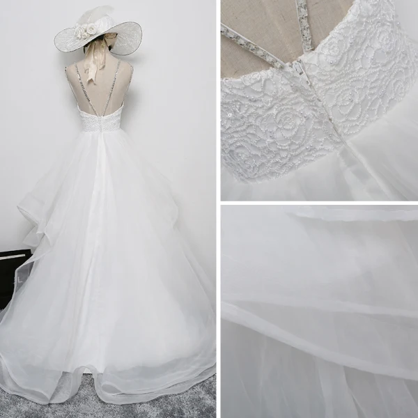 Chic / Beautiful Outdoor / Garden White Wedding Dresses 2017 A-Line / Princess Scoop Neck Sleeveless Pearl Pierced Backless Sweep Train Cascading Ruffles