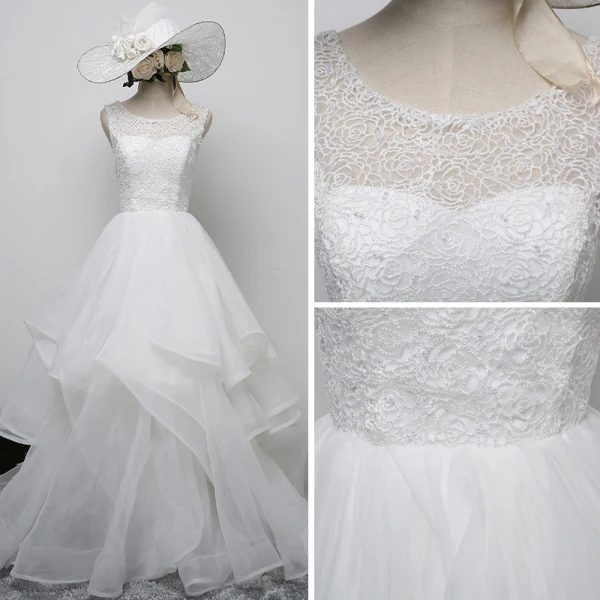 Chic / Beautiful Outdoor / Garden White Wedding Dresses 2017 A-Line / Princess Scoop Neck Sleeveless Pearl Pierced Backless Sweep Train Cascading Ruffles