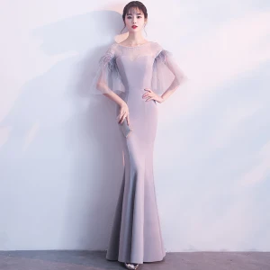 Moderne Mode Gris Transparentes Robe De Soirée 2018 Trompette Sirène Encolure Dégagée 3 4 Manches Plumes Longue Dos Nu Robe De Ceremonie