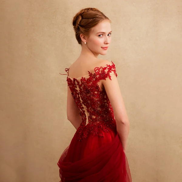 Chic / Beautiful Formal Dresses Evening Dresses  2017 Lace Beading Appliques Backless Short Sleeve Square Neckline Court Train Burgundy A-Line / Princess