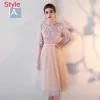 Chic / Beautiful Pearl Pink Bridesmaid Dresses 2018 A-Line / Princess Appliques Flower Bow Sash Tea-length Ruffle Backless Wedding Party Dresses