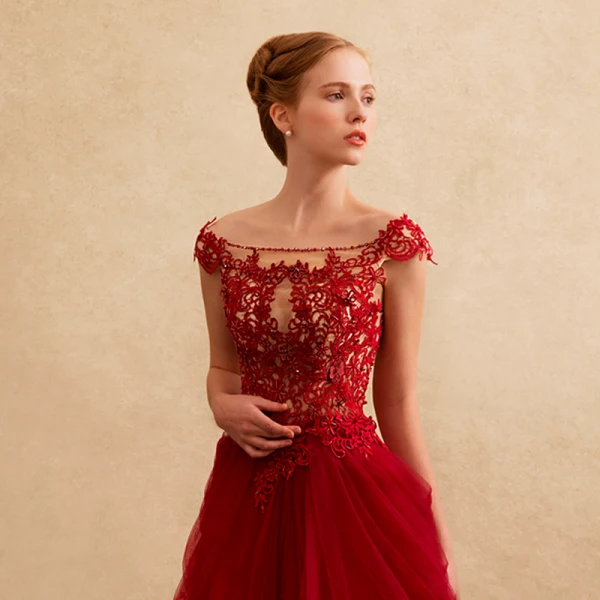 Chic / Beautiful Formal Dresses Evening Dresses  2017 Lace Beading Appliques Backless Short Sleeve Square Neckline Court Train Burgundy A-Line / Princess