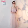 Chic / Beautiful Pearl Pink Bridesmaid Dresses 2018 A-Line / Princess Appliques Flower Bow Sash Tea-length Ruffle Backless Wedding Party Dresses