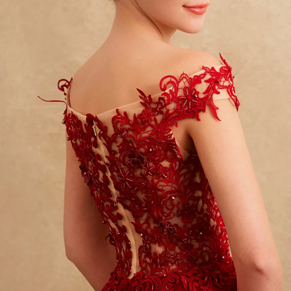 Chic / Beautiful Formal Dresses Evening Dresses  2017 Lace Beading Appliques Backless Short Sleeve Square Neckline Court Train Burgundy A-Line / Princess