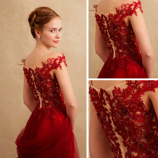 Chic / Beautiful Formal Dresses Evening Dresses  2017 Lace Beading Appliques Backless Short Sleeve Square Neckline Court Train Burgundy A-Line / Princess