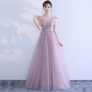 Élégant Lavande Robe De Soirée 2017 Princesse Encolure Dégagée Sans Manches Appliques Fleur Longue Volants Dos Nu Robe De Ceremonie