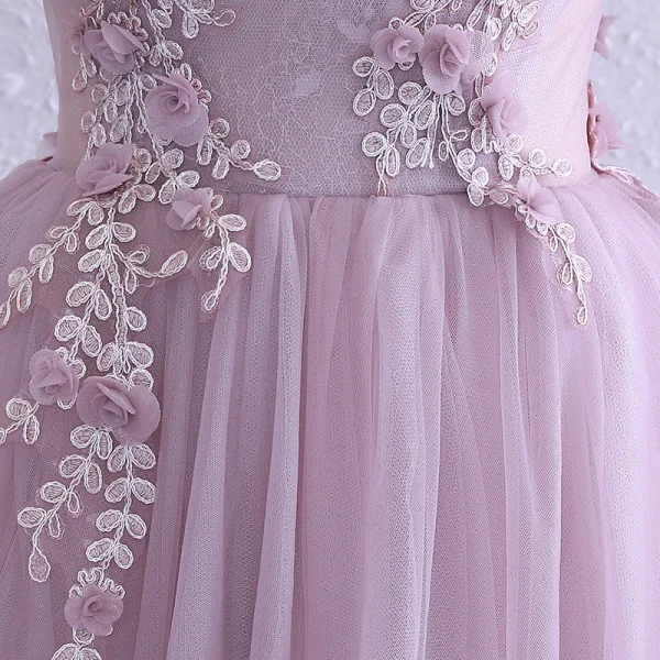 Elegant Lavender Evening Dresses 2017 A-Line / Princess Scoop Neck Sleeveless Appliques Flower Floor-Length / Long Ruffle Backless Formal Dresses