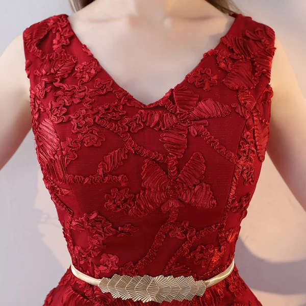 Modern / Fashion Red Evening Dresses 2017 Trumpet / Mermaid V-Neck Sleeveless Embroidered Metal Sash Split Front Ankle Length Backless Formal Dresses