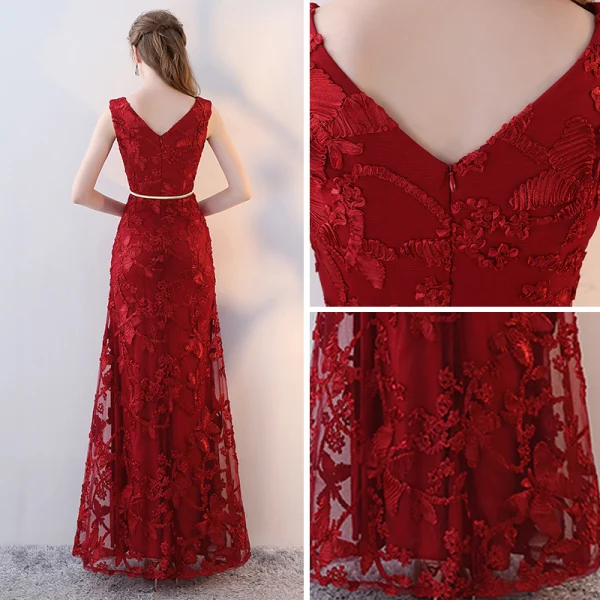 Modern / Fashion Red Evening Dresses 2017 Trumpet / Mermaid V-Neck Sleeveless Embroidered Metal Sash Split Front Ankle Length Backless Formal Dresses