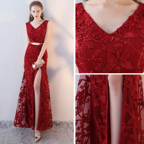 Modern / Fashion Red Evening Dresses 2017 Trumpet / Mermaid V-Neck Sleeveless Embroidered Metal Sash Split Front Ankle Length Backless Formal Dresses