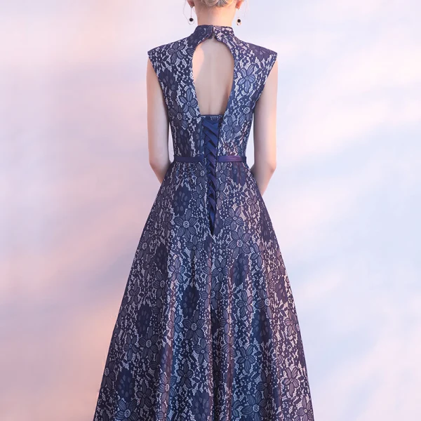 Chinese style Navy Blue Evening Dresses 2017 A-Line / Princess Amazing / Unique High Neck Sleeveless Sash Floor-Length / Long Ruffle Backless Formal Dresses