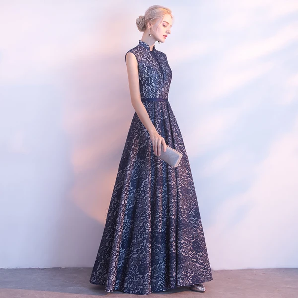 Chinese style Navy Blue Evening Dresses 2017 A-Line / Princess Amazing / Unique High Neck Sleeveless Sash Floor-Length / Long Ruffle Backless Formal Dresses