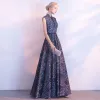 Chinese style Navy Blue Evening Dresses  2017 A-Line / Princess Amazing / Unique High Neck Sleeveless Sash Floor-Length / Long Ruffle Backless Formal Dresses