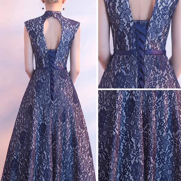 Chinese style Navy Blue Evening Dresses 2017 A-Line / Princess Amazing / Unique High Neck Sleeveless Sash Floor-Length / Long Ruffle Backless Formal Dresses