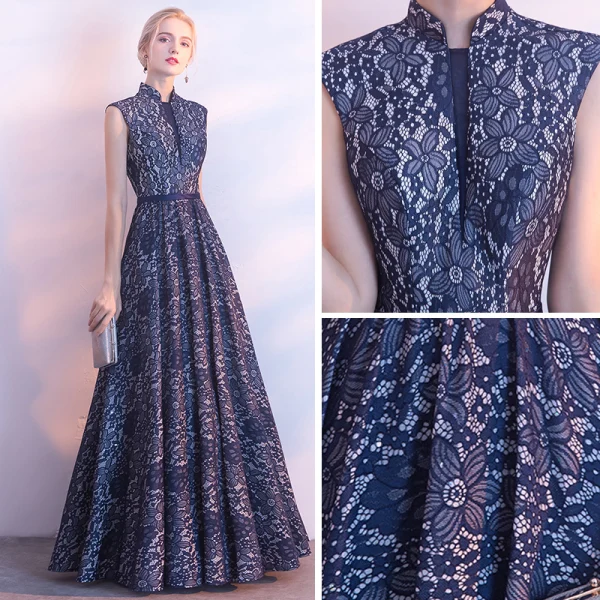 Chinese style Navy Blue Evening Dresses 2017 A-Line / Princess Amazing / Unique High Neck Sleeveless Sash Floor-Length / Long Ruffle Backless Formal Dresses