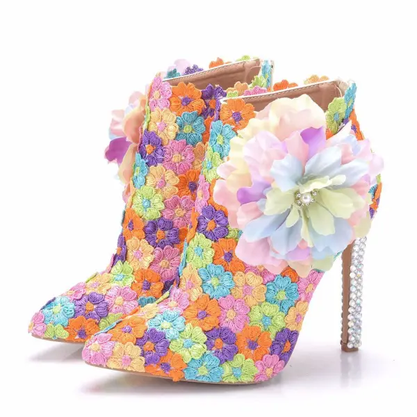 Eye-catching Multi-Colors Lace Flower Appliques Prom Womens Boots 2025 11 cm Stiletto Heels Pointed Toe Boots