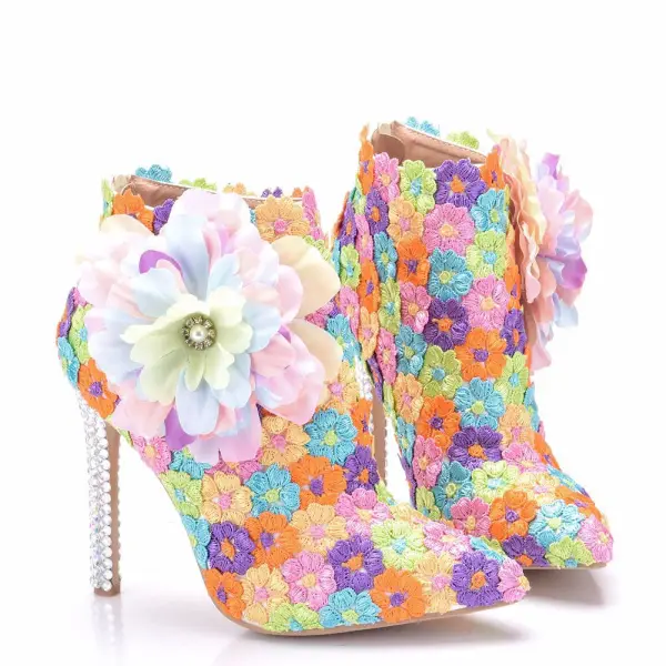 Eye-catching Multi-Colors Lace Flower Appliques Prom Womens Boots 2025 11 cm Stiletto Heels Pointed Toe Boots