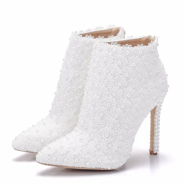 Elegant White Pearl Lace Flower Wedding Womens Boots 2025 11 cm Stiletto Heels Pointed Toe Wedding Shoes