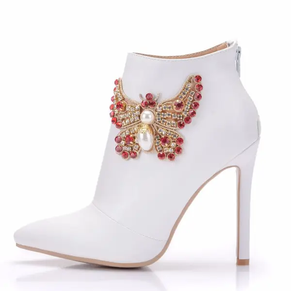 Style Chinois Blanche Faux Diamant Papillon Mariage Bottes 2025 11 cm Talons Aiguilles À Bout Pointu Chaussure De Mariée