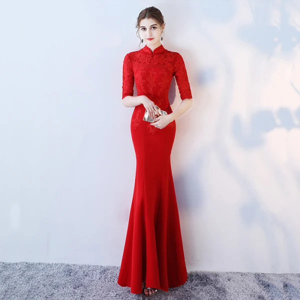 Chinese style Black Evening Dresses 2017 Trumpet / Mermaid High Neck 1/2 Sleeves Appliques Lace Floor-Length / Long Ruffle Backless Formal Dresses
