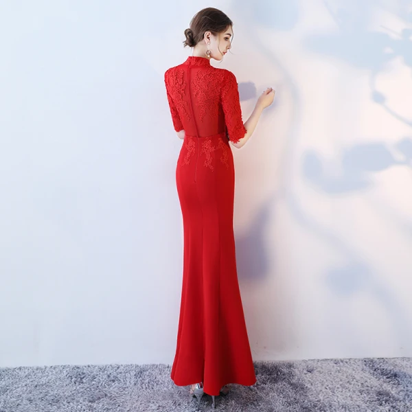 Chinese style Black Evening Dresses 2017 Trumpet / Mermaid High Neck 1/2 Sleeves Appliques Lace Floor-Length / Long Ruffle Backless Formal Dresses
