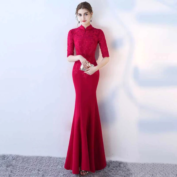 Chinese style Black Evening Dresses 2017 Trumpet / Mermaid High Neck 1/2 Sleeves Appliques Lace Floor-Length / Long Ruffle Backless Formal Dresses